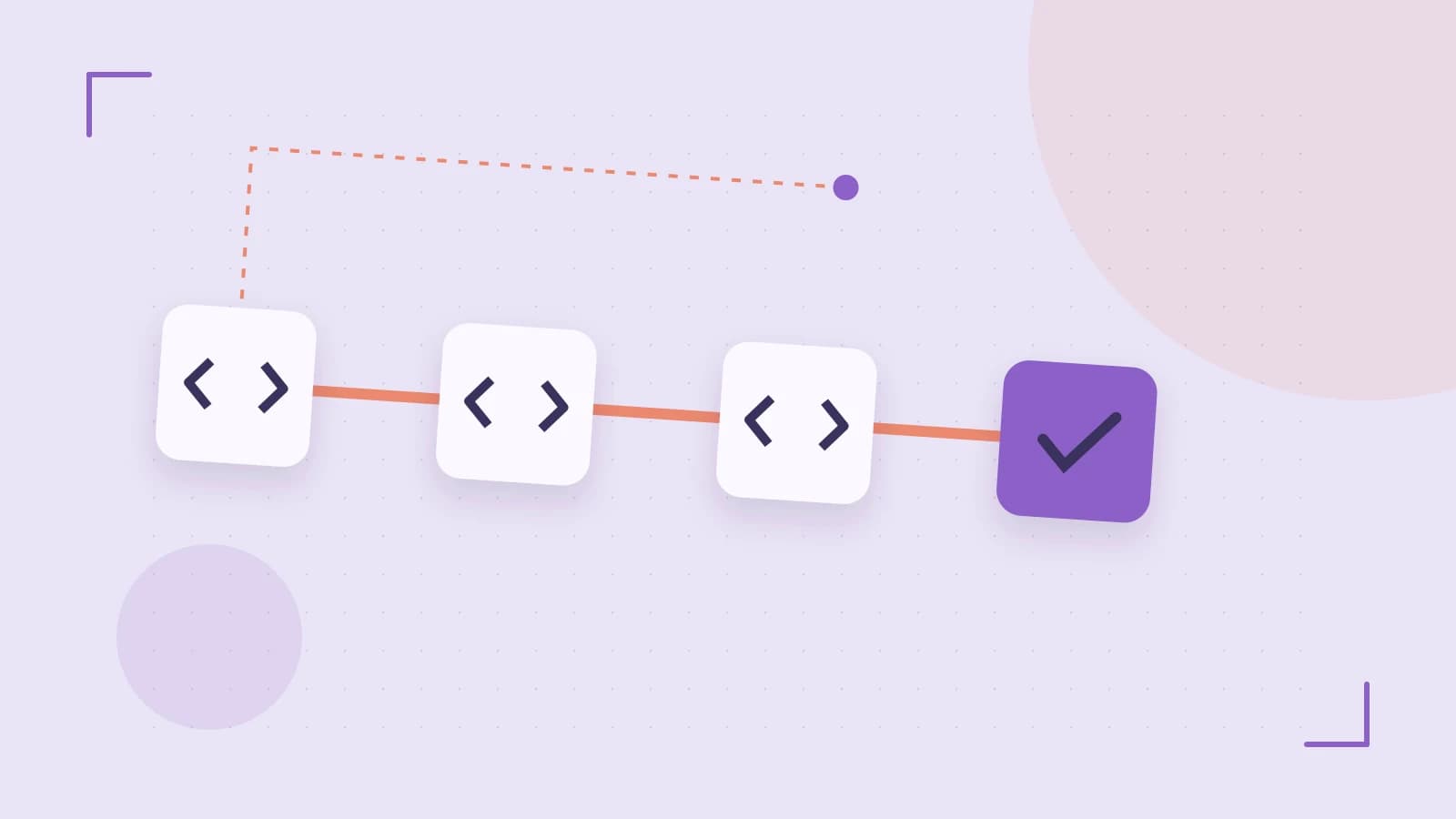 Editorial illustration of a branching build pipeline, staged transformations and a completed check