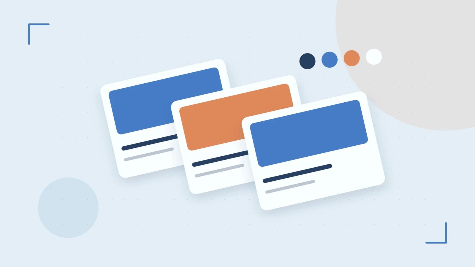 Editorial illustration of responsive browser layouts, overlapping design components and a color system