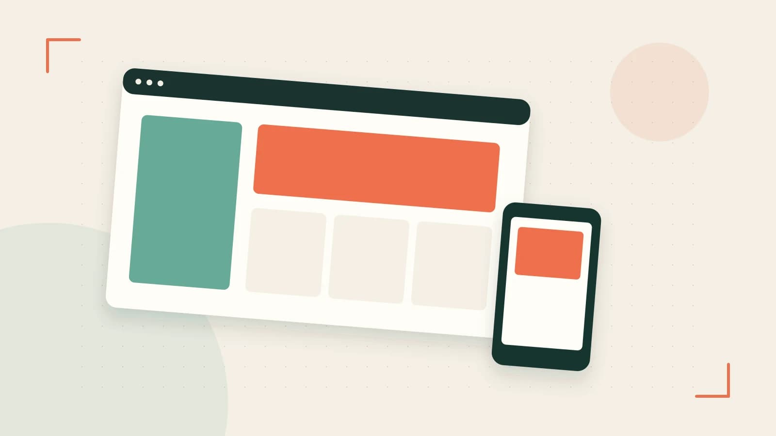 Editorial illustration of responsive browser layouts, overlapping design components and a color system