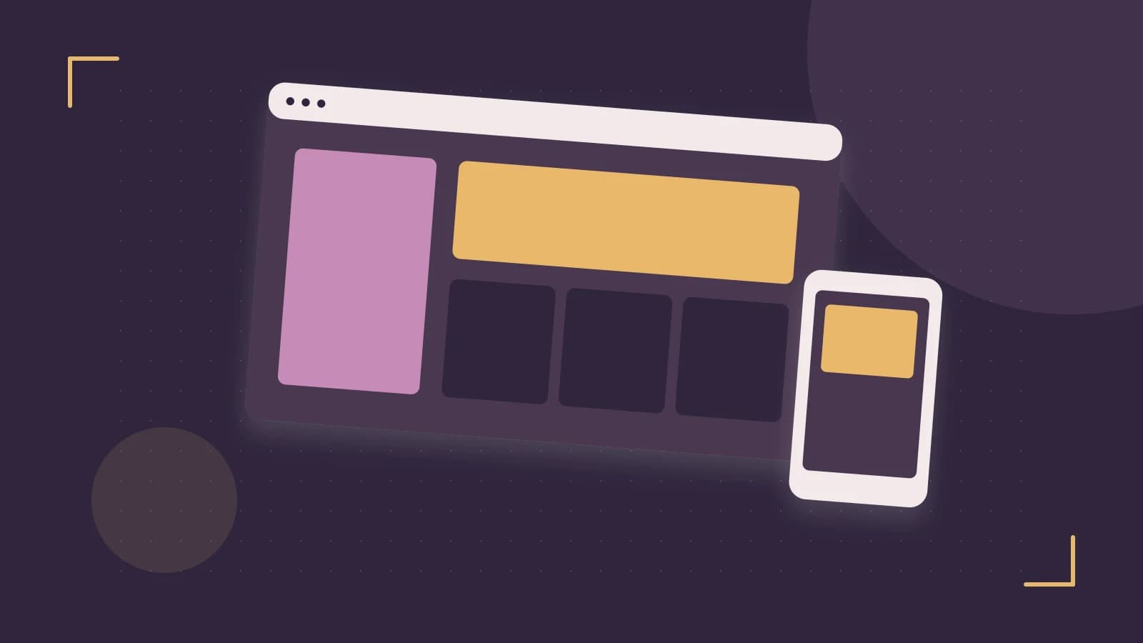 Editorial illustration of responsive browser layouts, overlapping design components and a color system