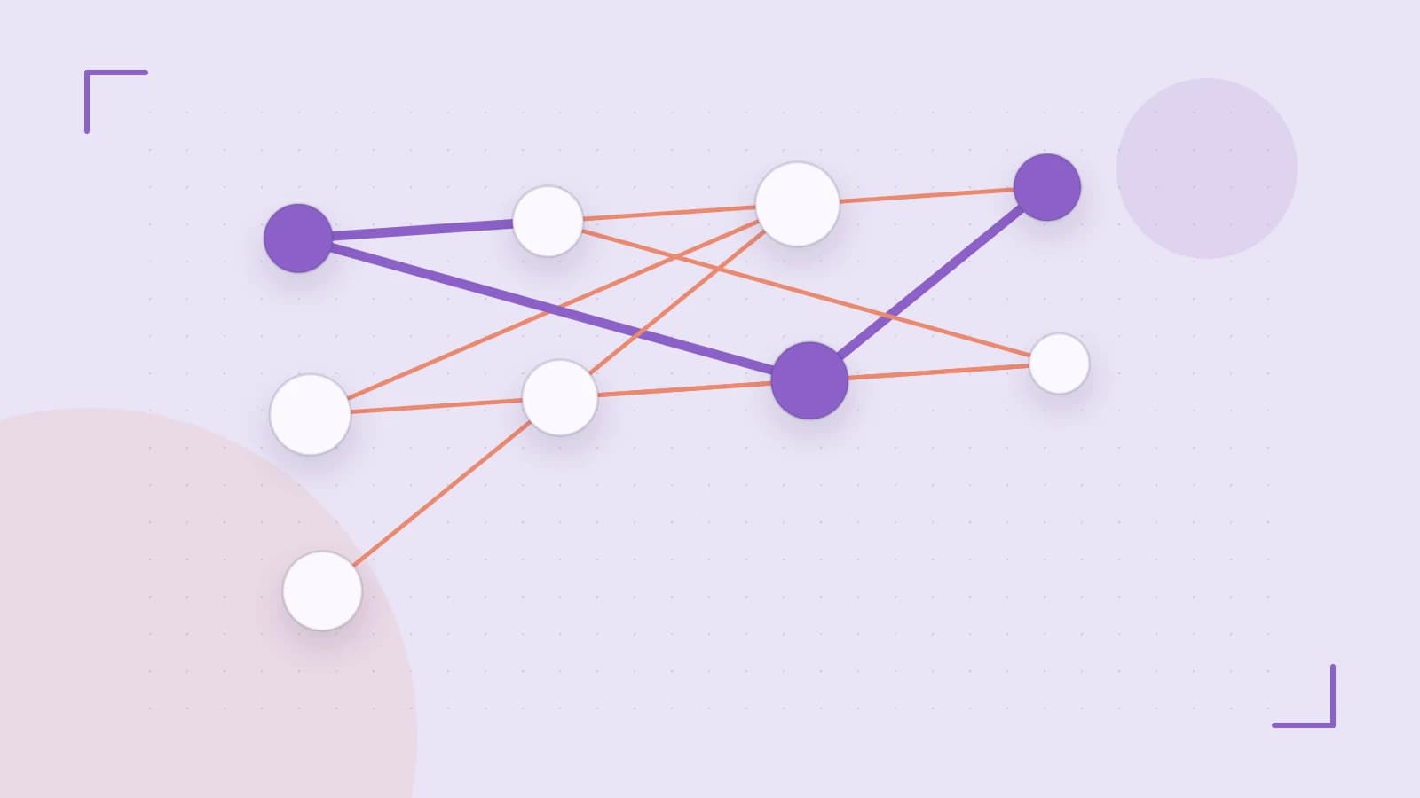 Editorial illustration of an algorithmic node graph with branching paths and a highlighted result