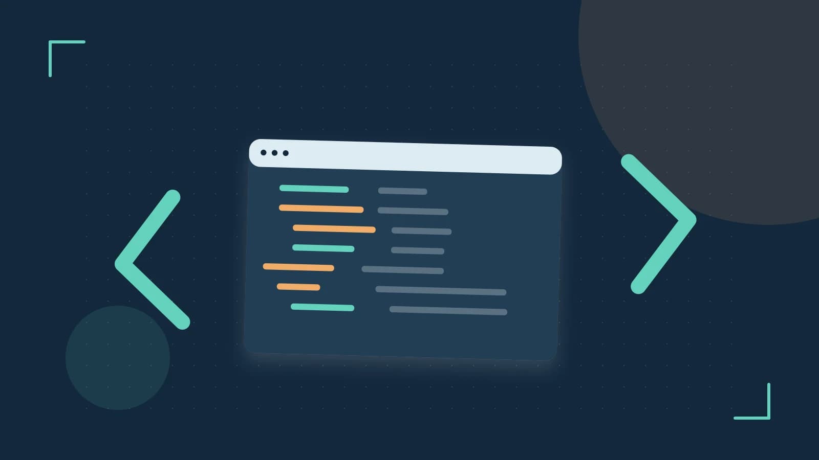 Editorial illustration of an abstract code editor, syntax blocks and oversized programming brackets