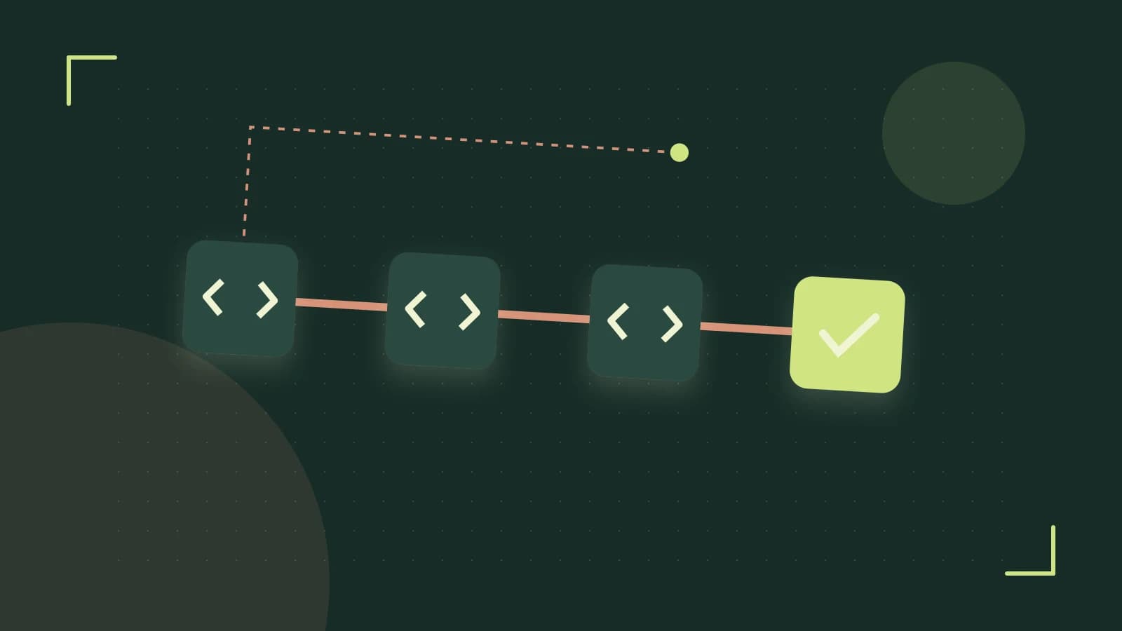 Editorial illustration of a branching build pipeline, staged transformations and a completed check