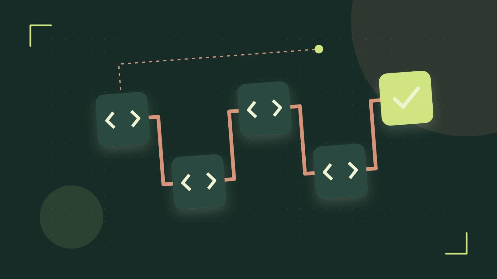 Editorial illustration of a branching build pipeline, staged transformations and a completed check