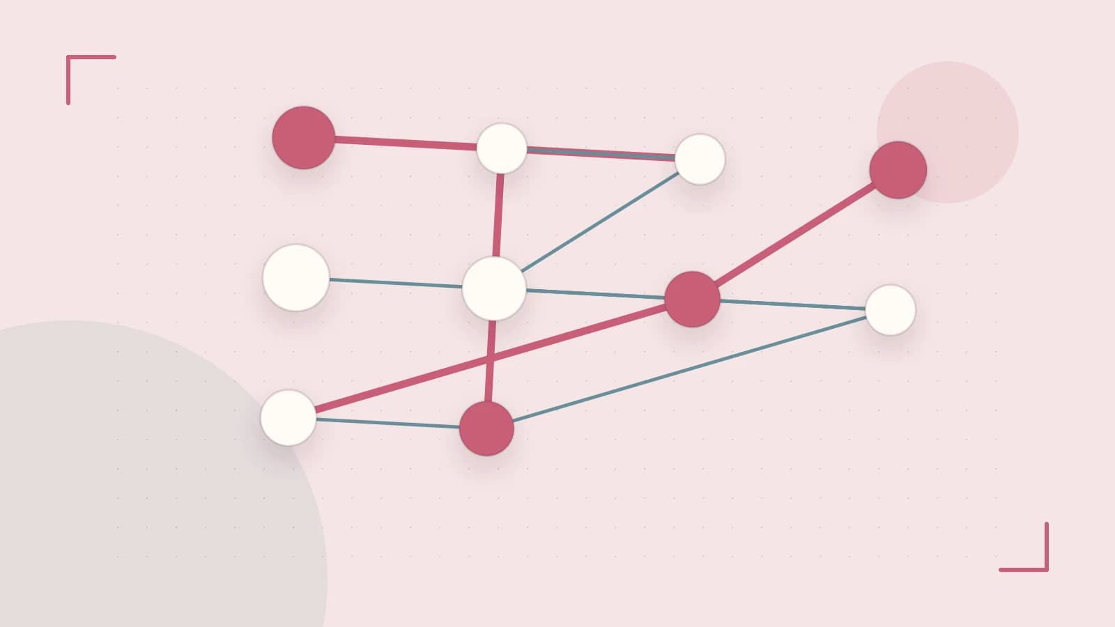 Editorial illustration of an algorithmic node graph with branching paths and a highlighted result