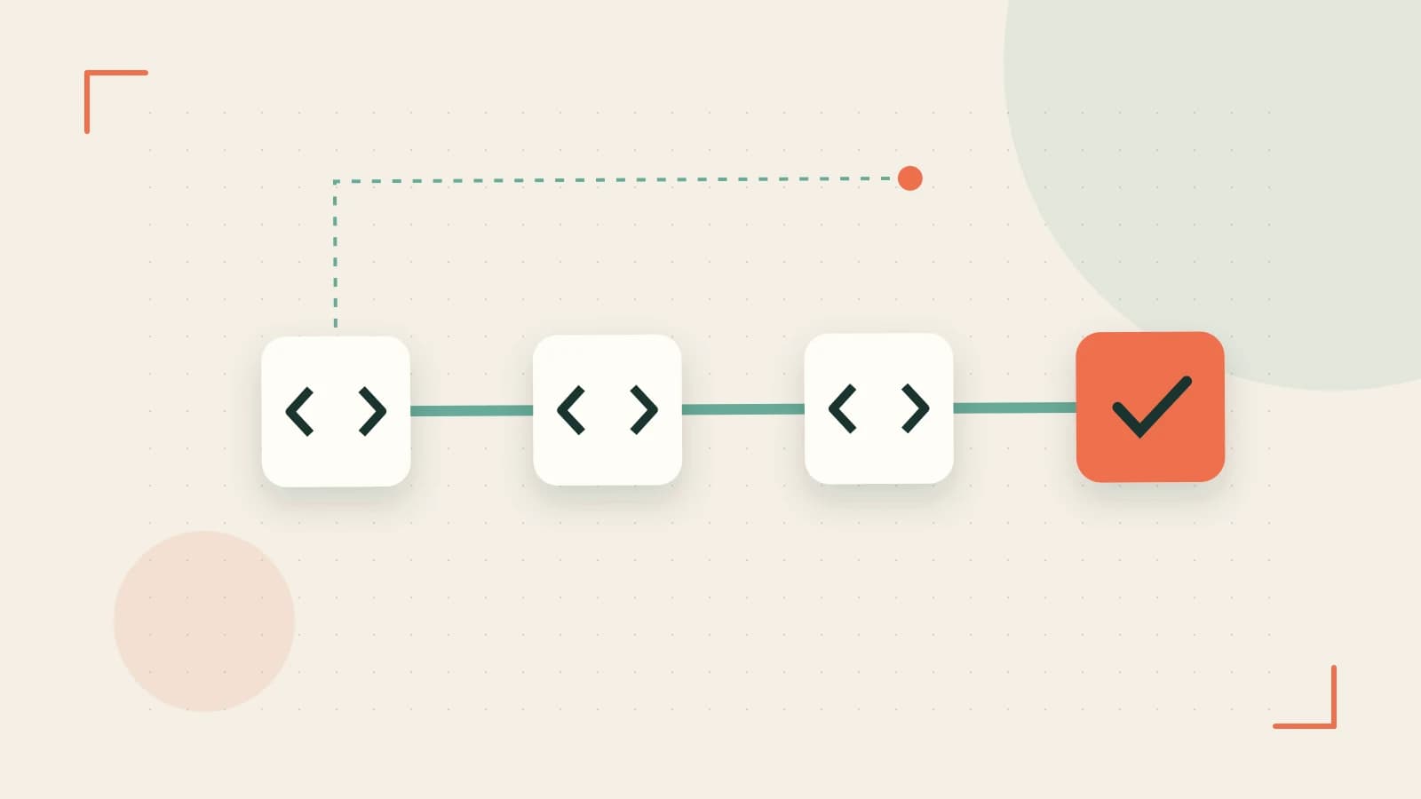 Editorial illustration of a branching build pipeline, staged transformations and a completed check
