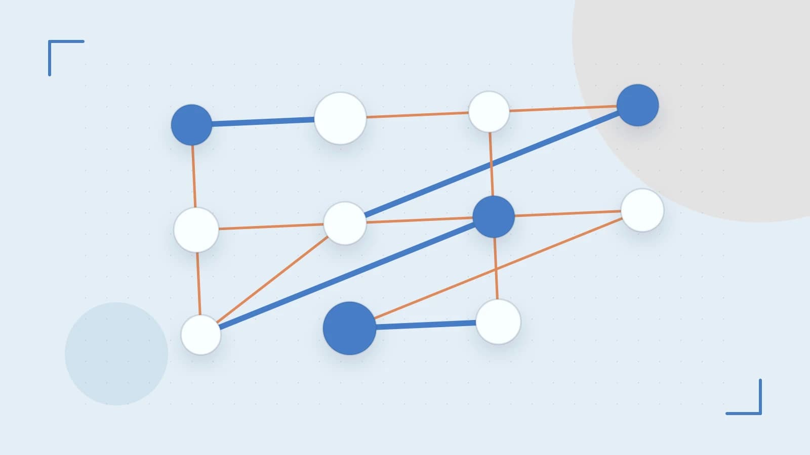 Editorial illustration of an algorithmic node graph with branching paths and a highlighted result