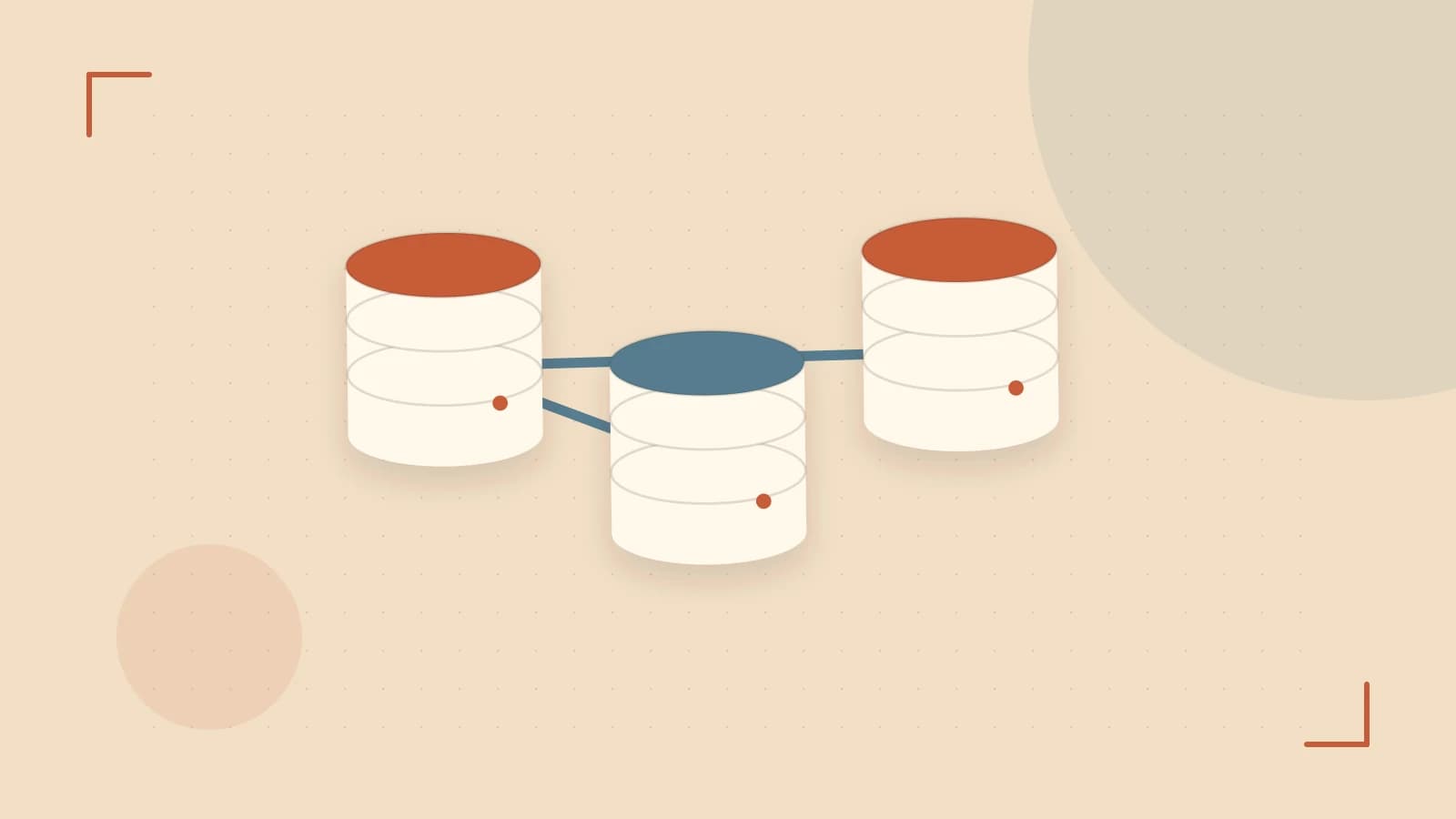 Editorial illustration of structured records, database cylinders and relationships between tables