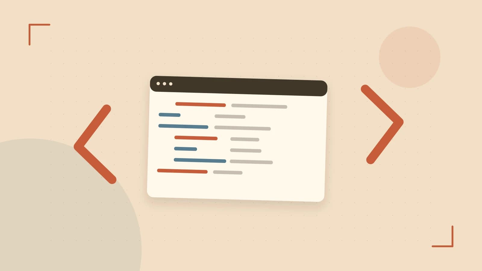 Editorial illustration of an abstract code editor, syntax blocks and oversized programming brackets