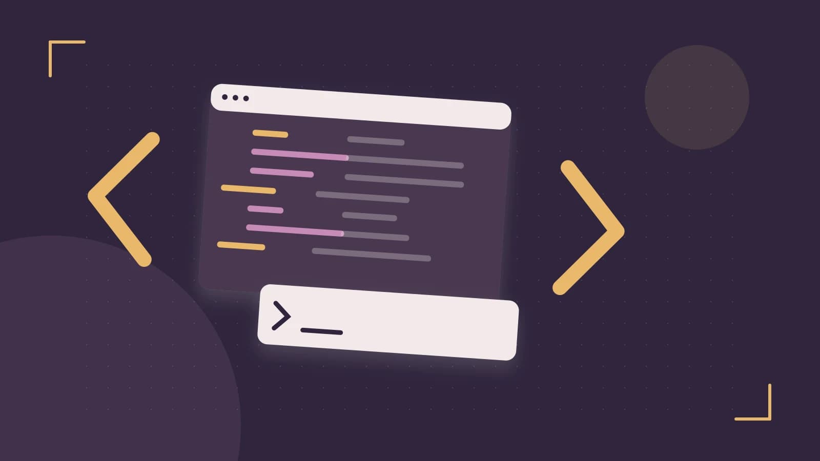 Editorial illustration of an abstract code editor, syntax blocks and oversized programming brackets