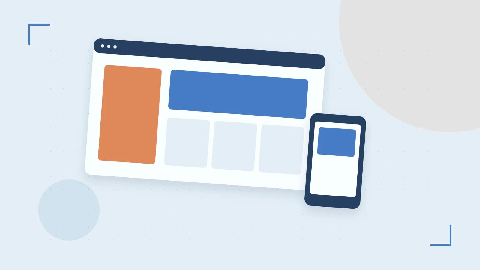 Editorial illustration of responsive browser layouts, overlapping design components and a color system