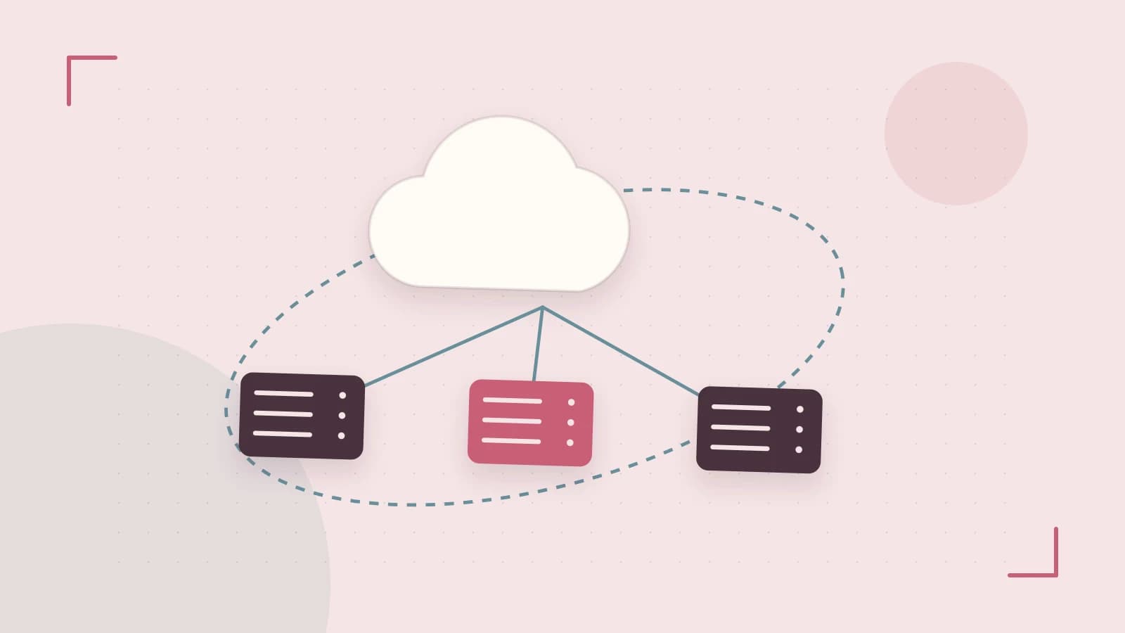 Editorial illustration of cloud infrastructure, connected server racks and an orbital service map