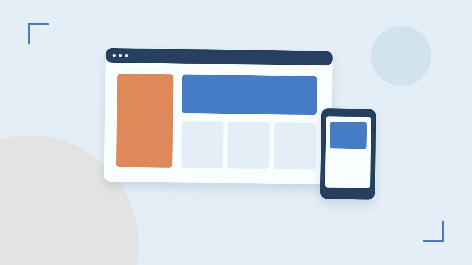 Editorial illustration of responsive browser layouts, overlapping design components and a color system