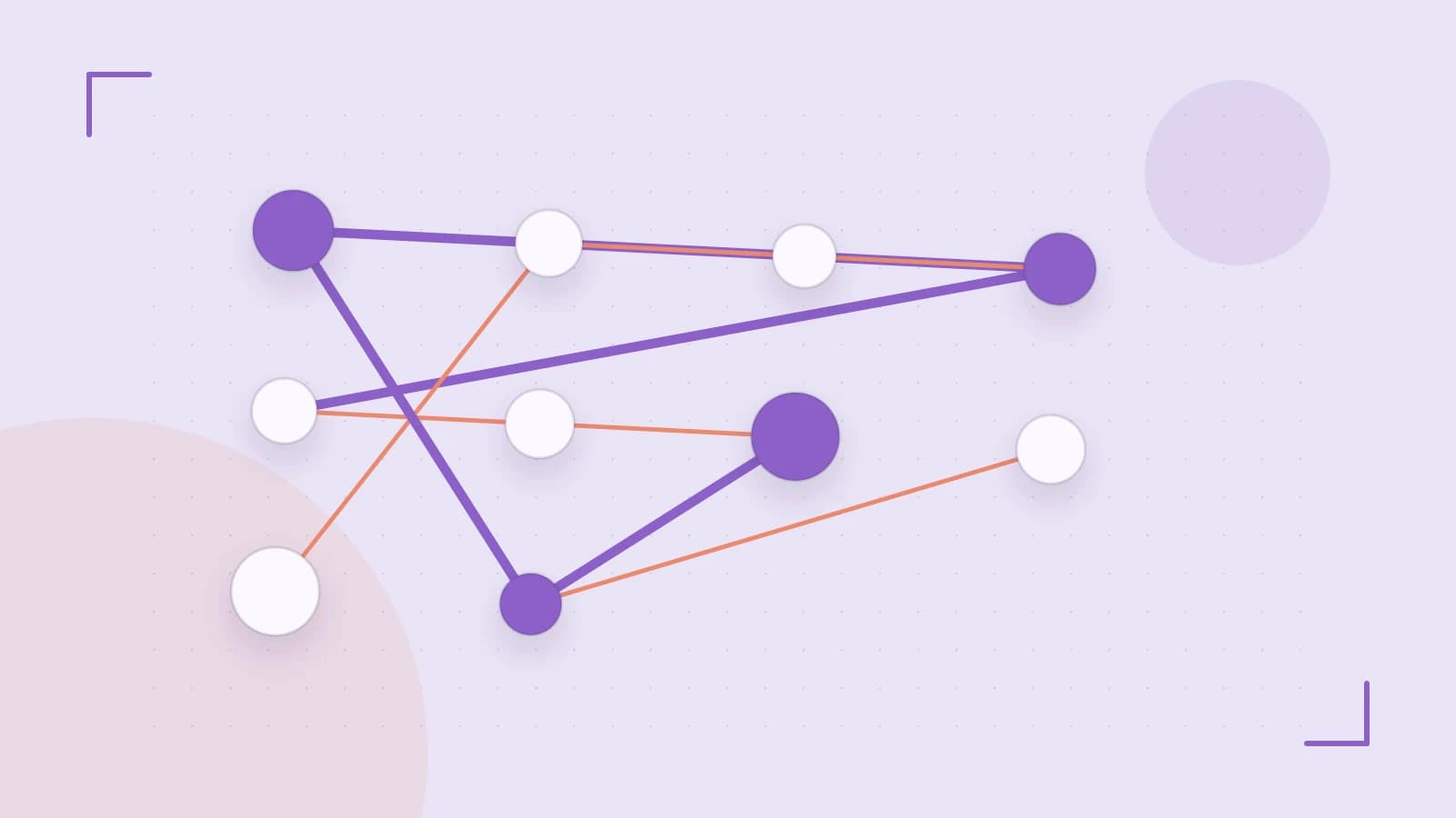 Editorial illustration of an algorithmic node graph with branching paths and a highlighted result