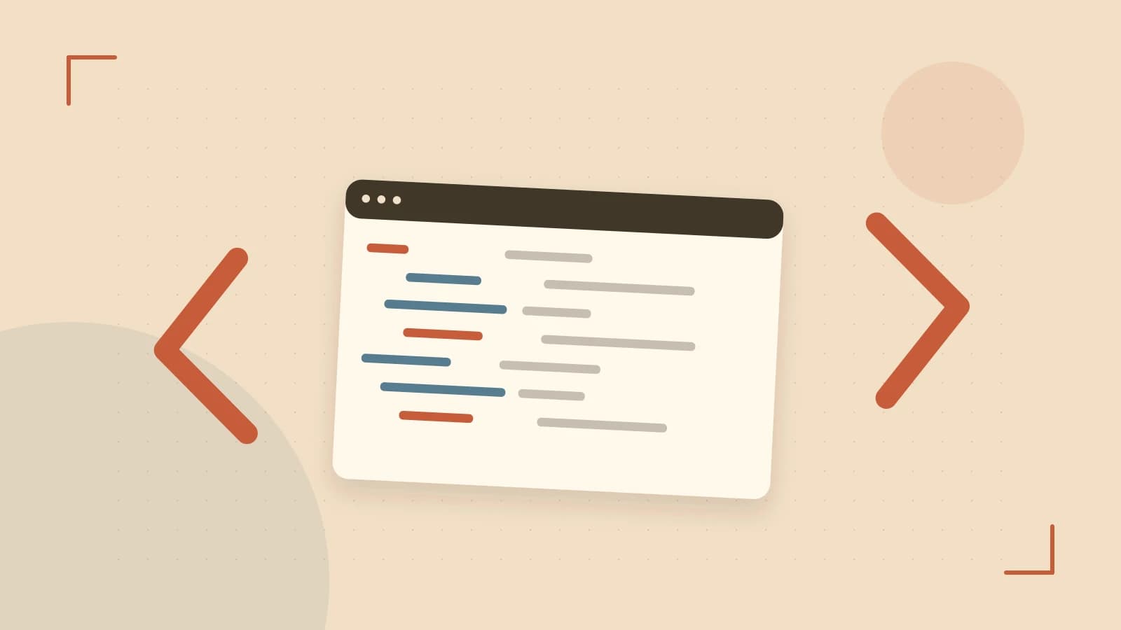 Editorial illustration of an abstract code editor, syntax blocks and oversized programming brackets