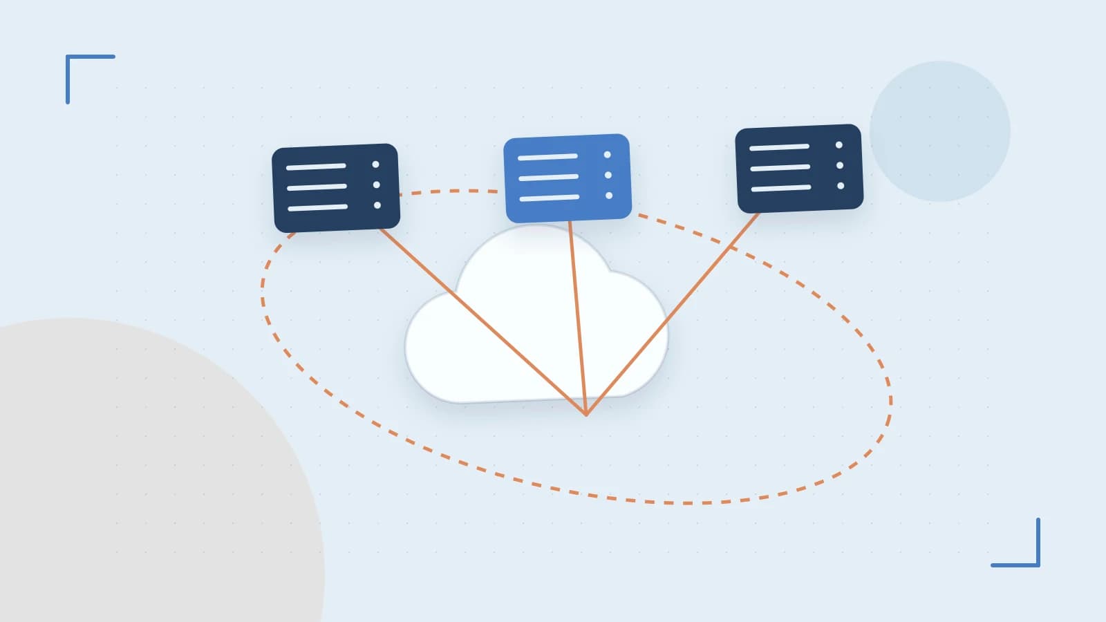 Editorial illustration of cloud infrastructure, connected server racks and an orbital service map
