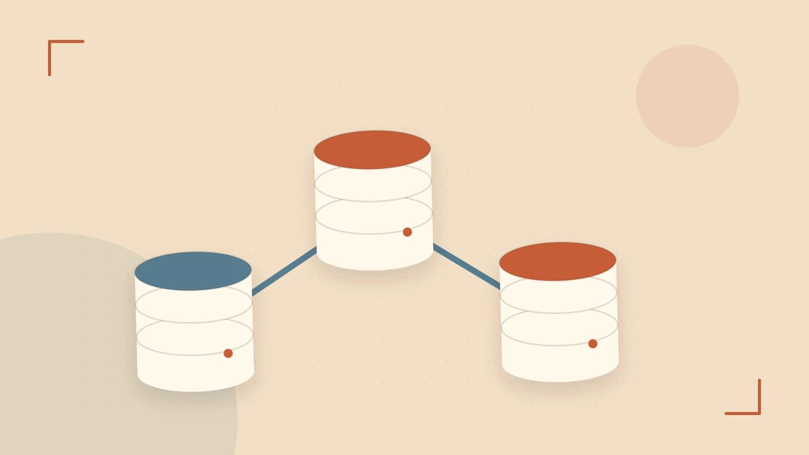 Editorial illustration of structured records, database cylinders and relationships between tables