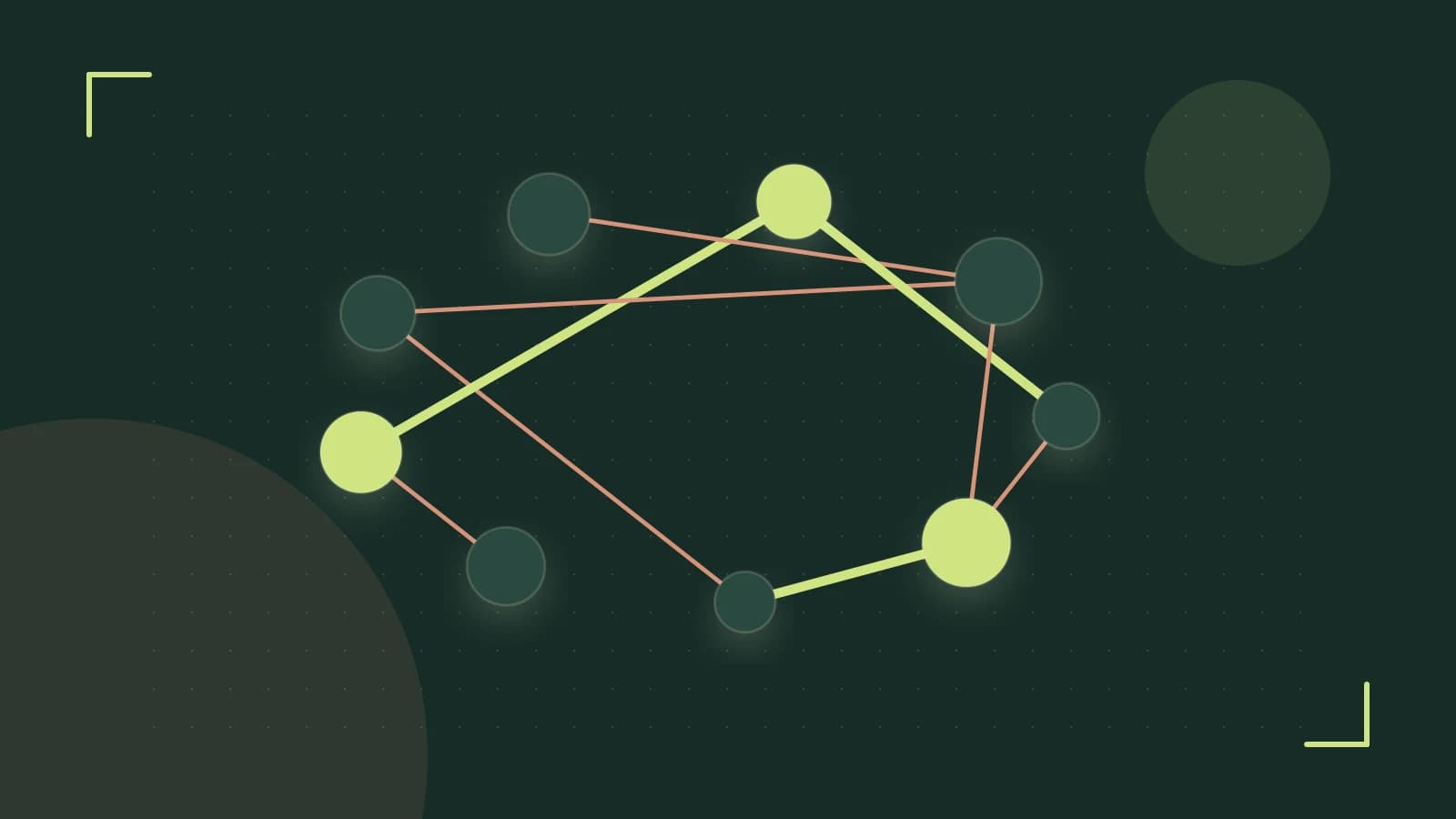 Editorial illustration of an algorithmic node graph with branching paths and a highlighted result
