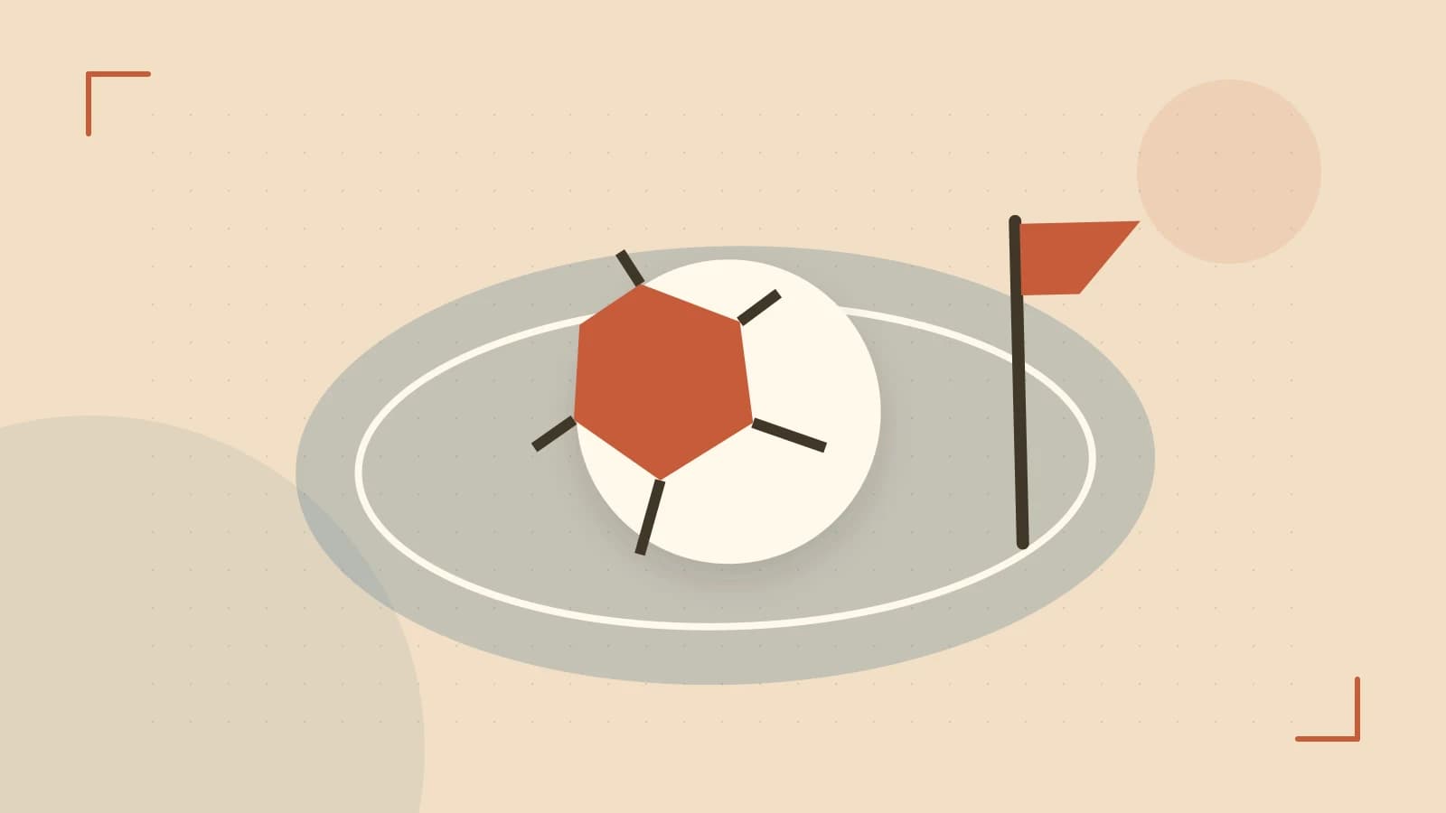 Editorial illustration of a stylized sports ball, stadium geometry and dynamic arcs