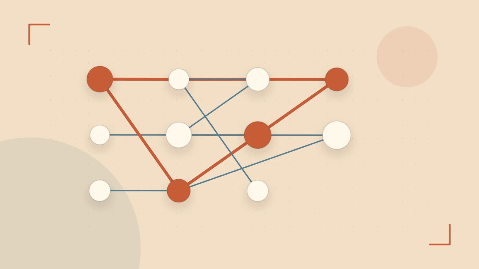 Editorial illustration of an algorithmic node graph with branching paths and a highlighted result
