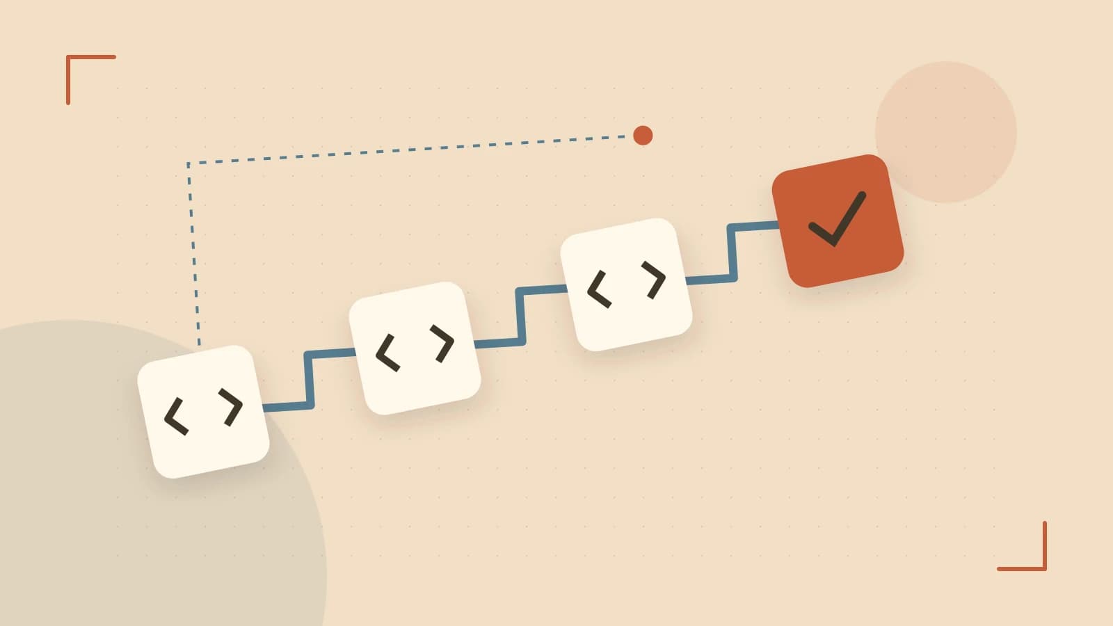 Editorial illustration of a branching build pipeline, staged transformations and a completed check
