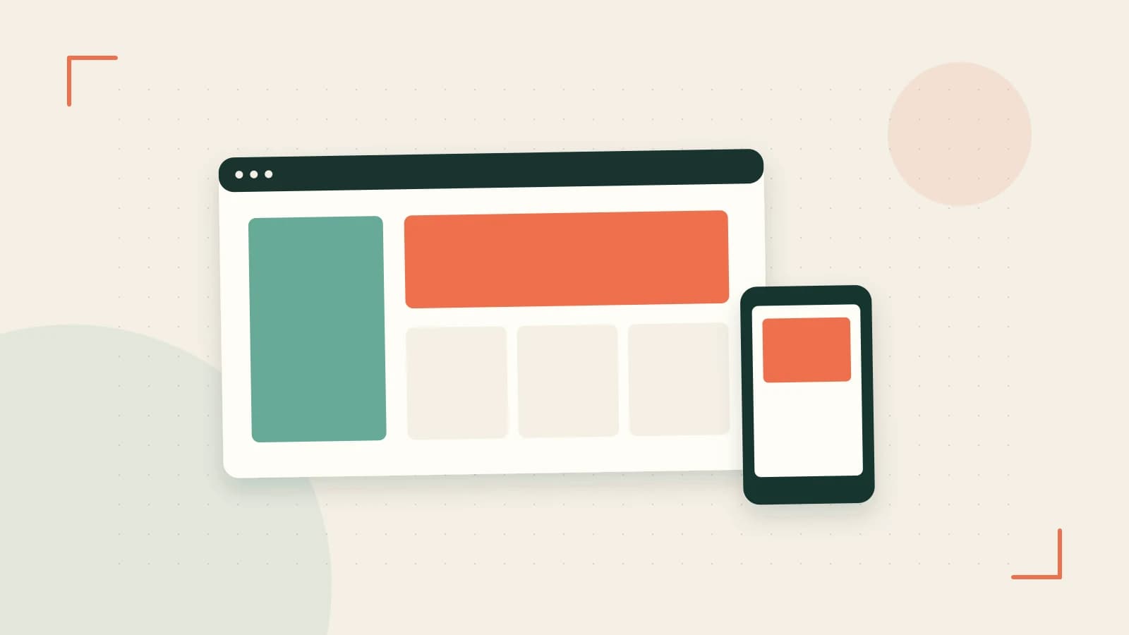 Editorial illustration of responsive browser layouts, overlapping design components and a color system