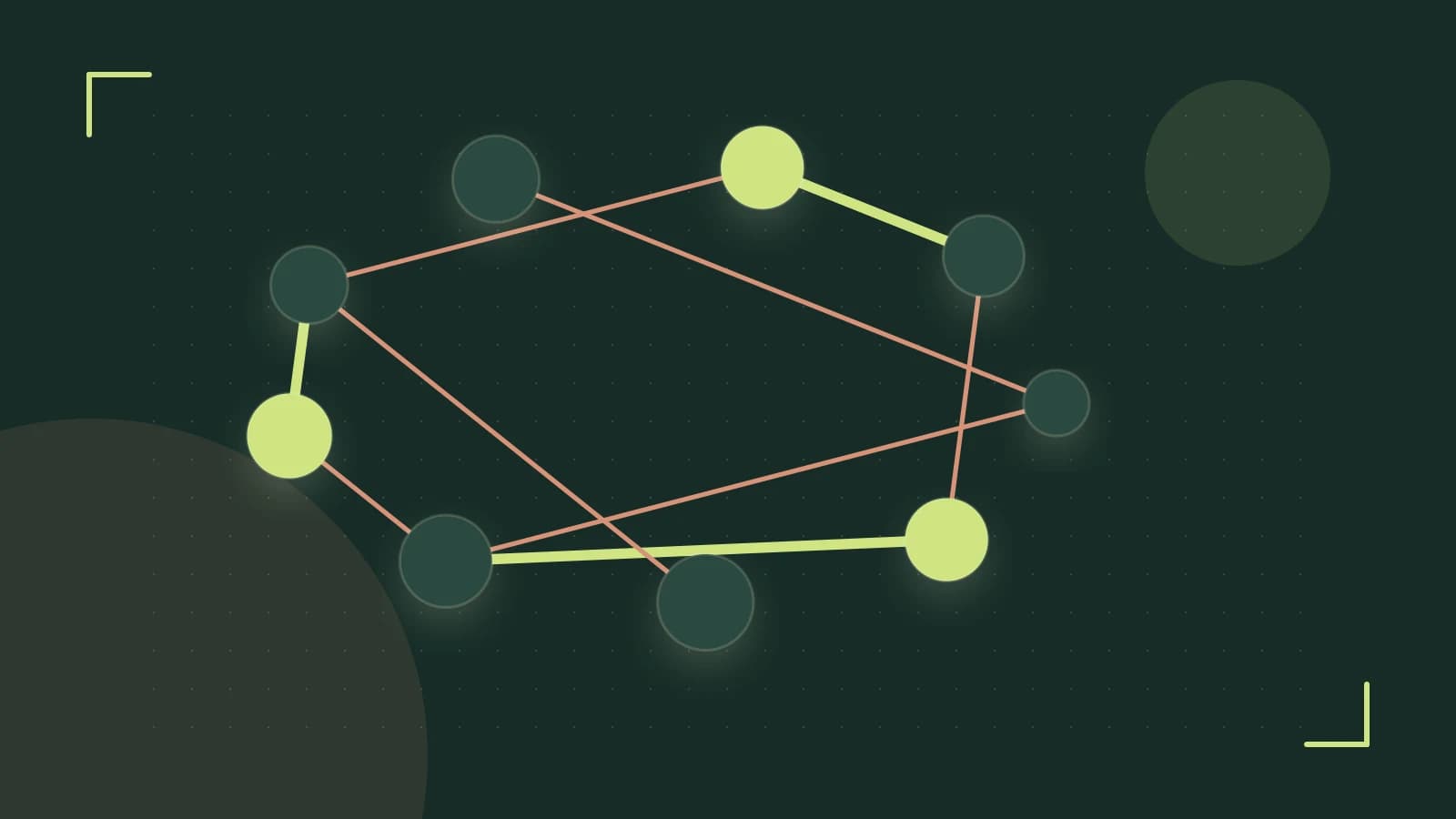 Editorial illustration of an algorithmic node graph with branching paths and a highlighted result