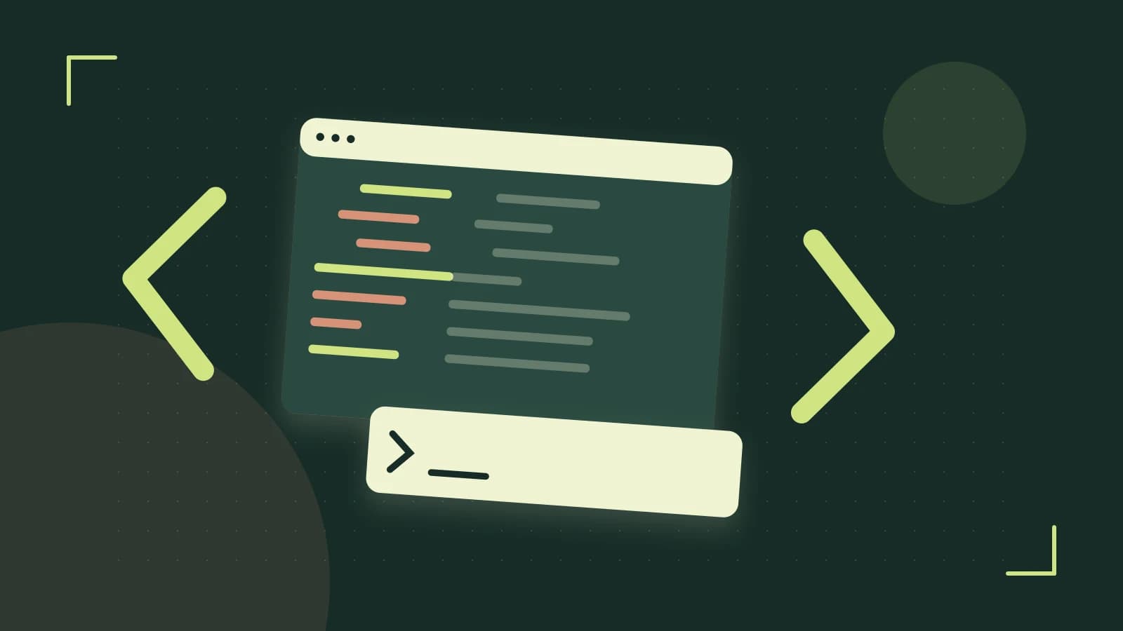 Editorial illustration of an abstract code editor, syntax blocks and oversized programming brackets