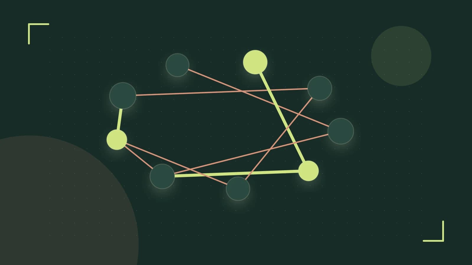 Editorial illustration of an algorithmic node graph with branching paths and a highlighted result