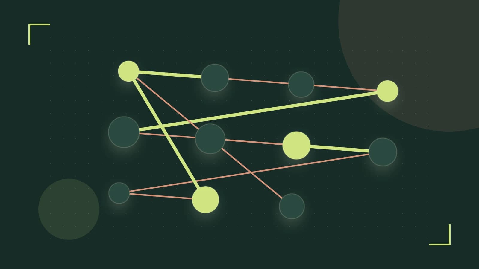 Editorial illustration of an algorithmic node graph with branching paths and a highlighted result