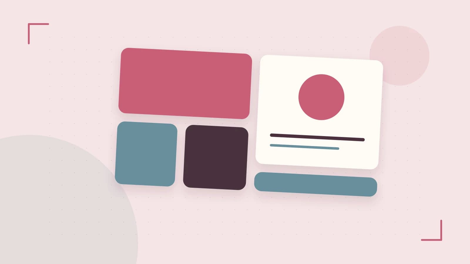 Editorial illustration of responsive browser layouts, overlapping design components and a color system