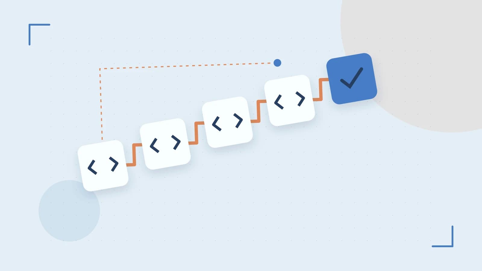 Editorial illustration of a branching build pipeline, staged transformations and a completed check