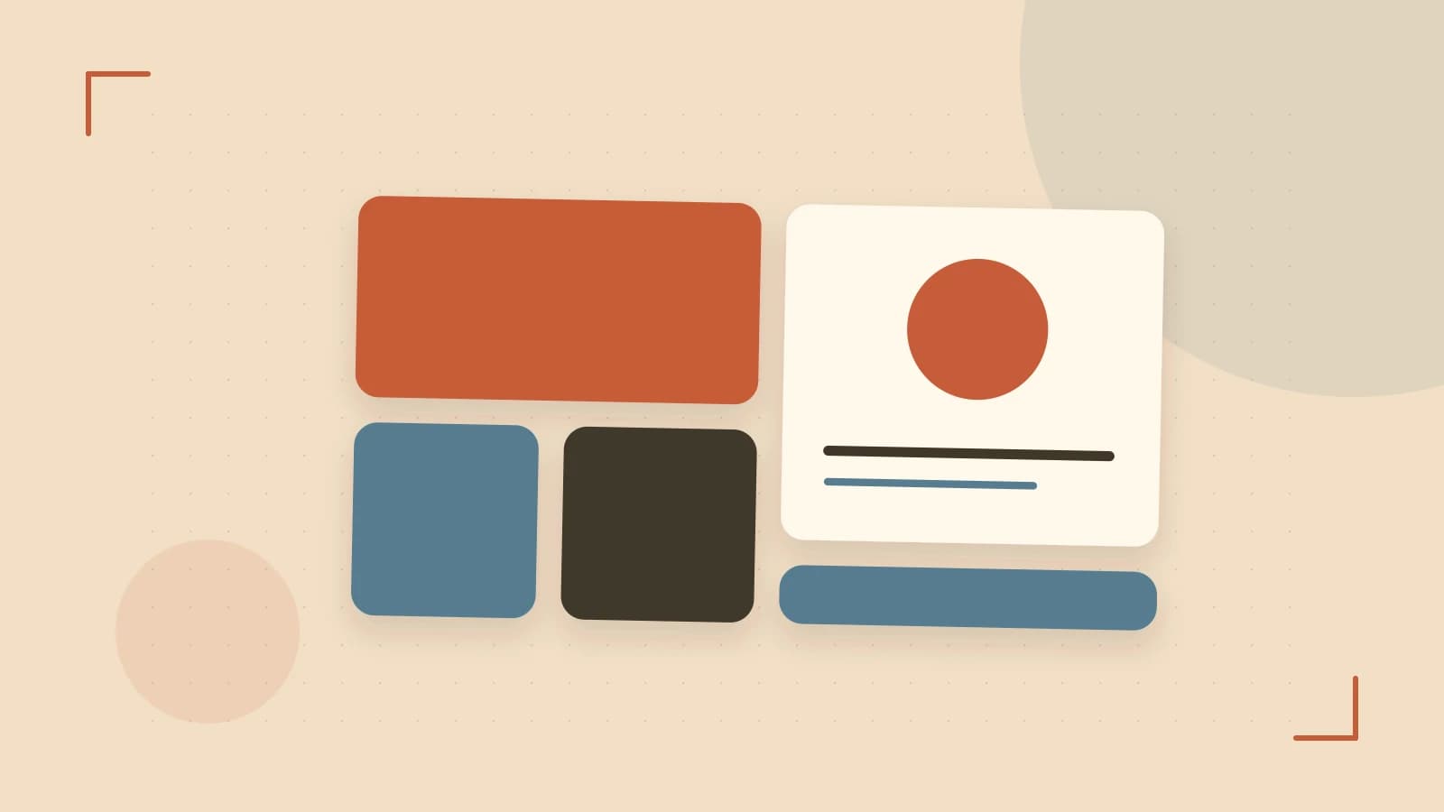 Editorial illustration of responsive browser layouts, overlapping design components and a color system