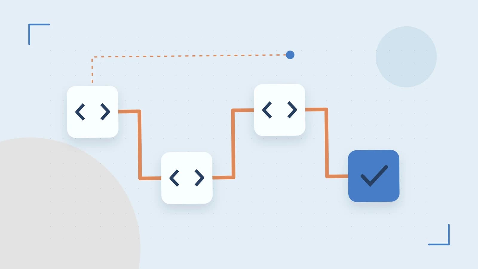 Editorial illustration of a branching build pipeline, staged transformations and a completed check