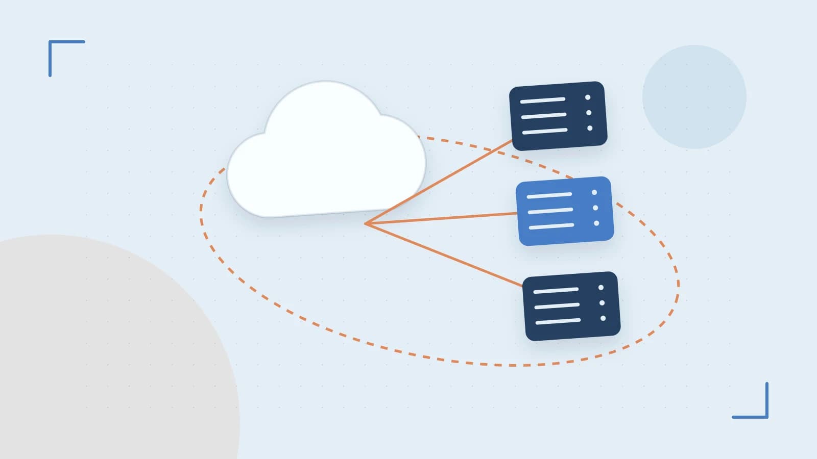 Editorial illustration of cloud infrastructure, connected server racks and an orbital service map