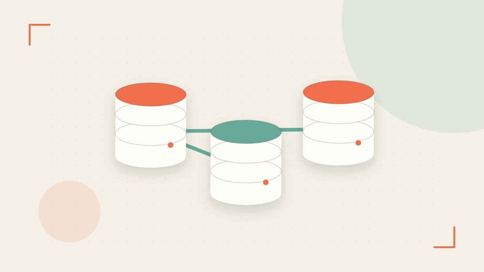 Editorial illustration of structured records, database cylinders and relationships between tables