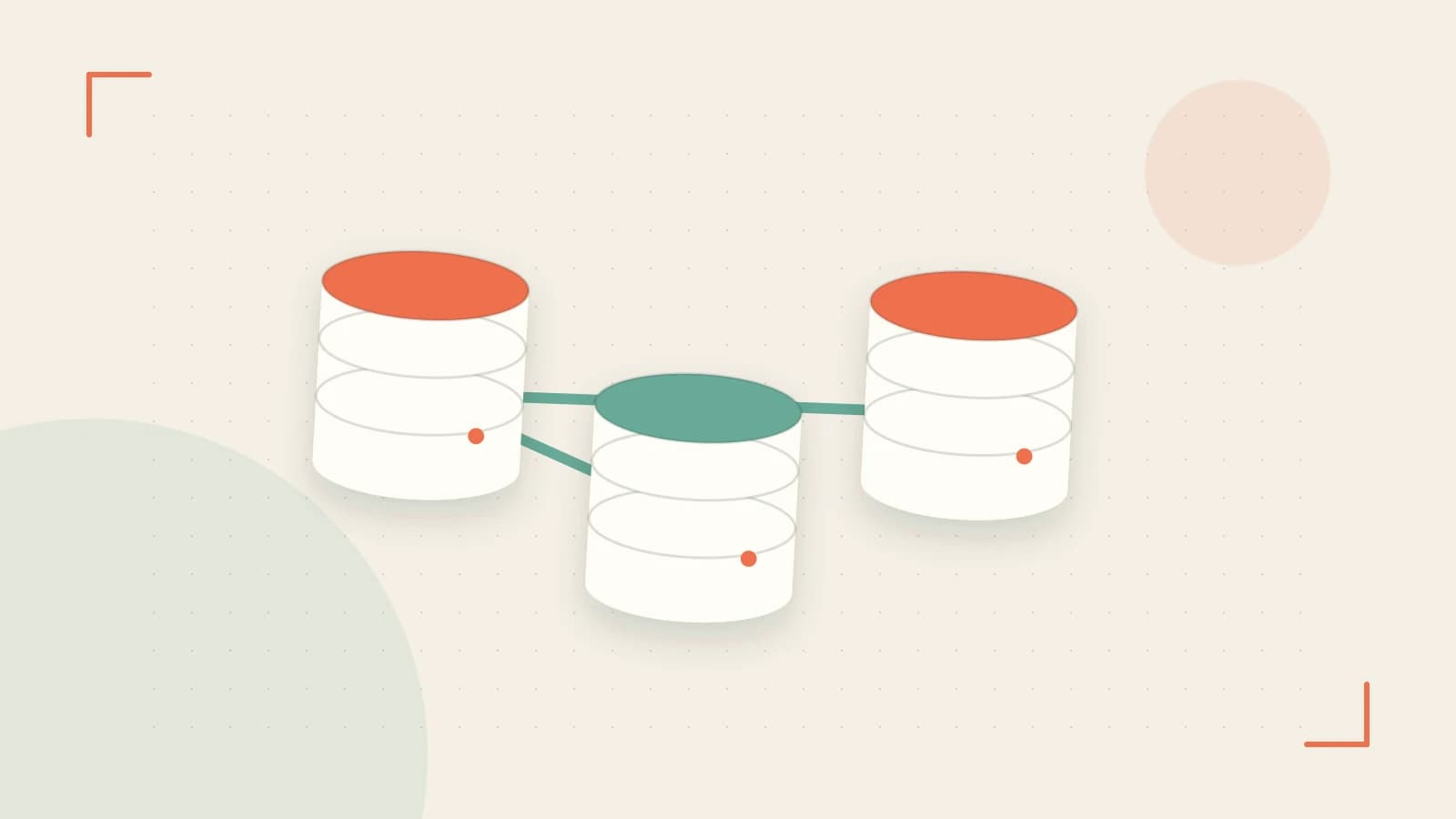Editorial illustration of structured records, database cylinders and relationships between tables
