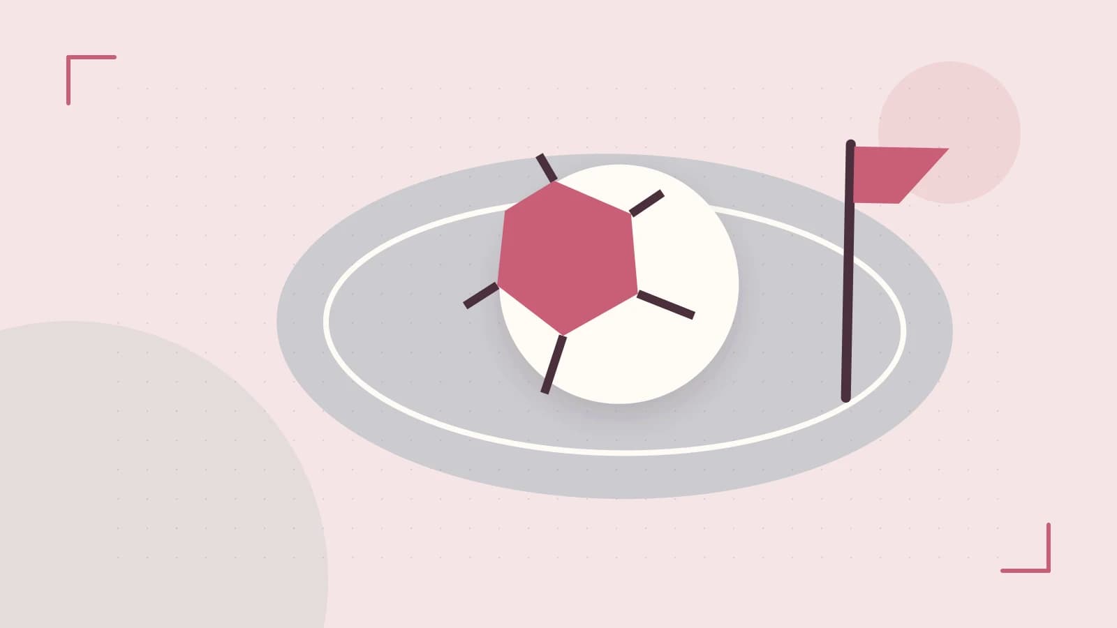 Editorial illustration of a stylized sports ball, stadium geometry and dynamic arcs