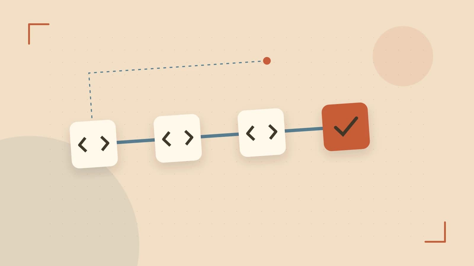 Editorial illustration of a branching build pipeline, staged transformations and a completed check