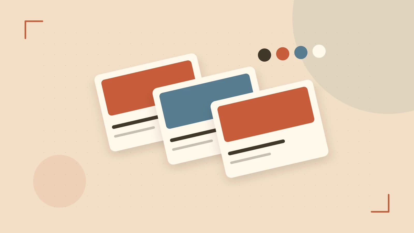 Editorial illustration of responsive browser layouts, overlapping design components and a color system