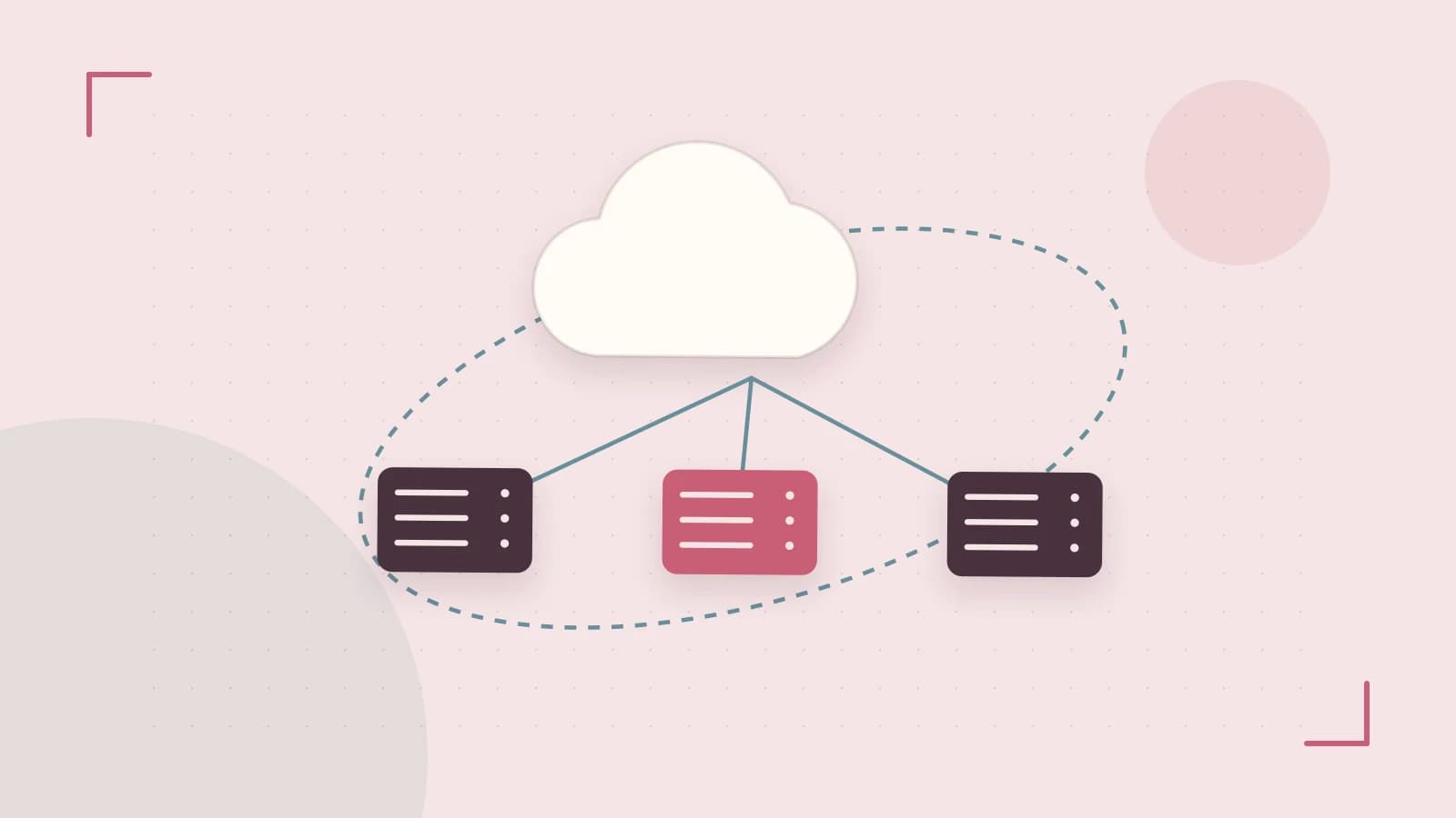 Editorial illustration of cloud infrastructure, connected server racks and an orbital service map
