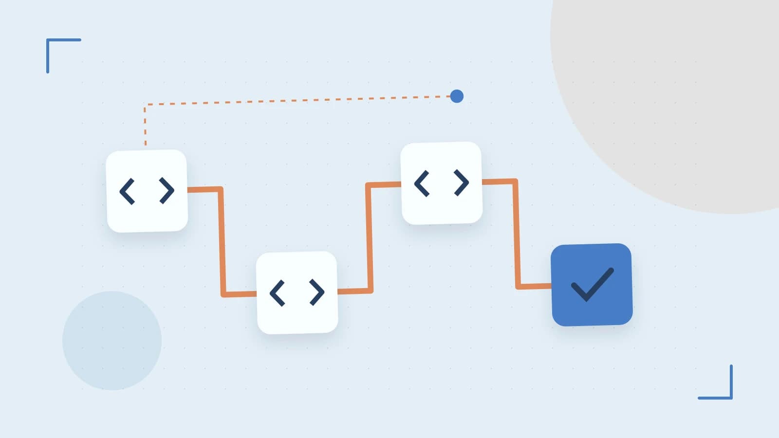 Editorial illustration of a branching build pipeline, staged transformations and a completed check
