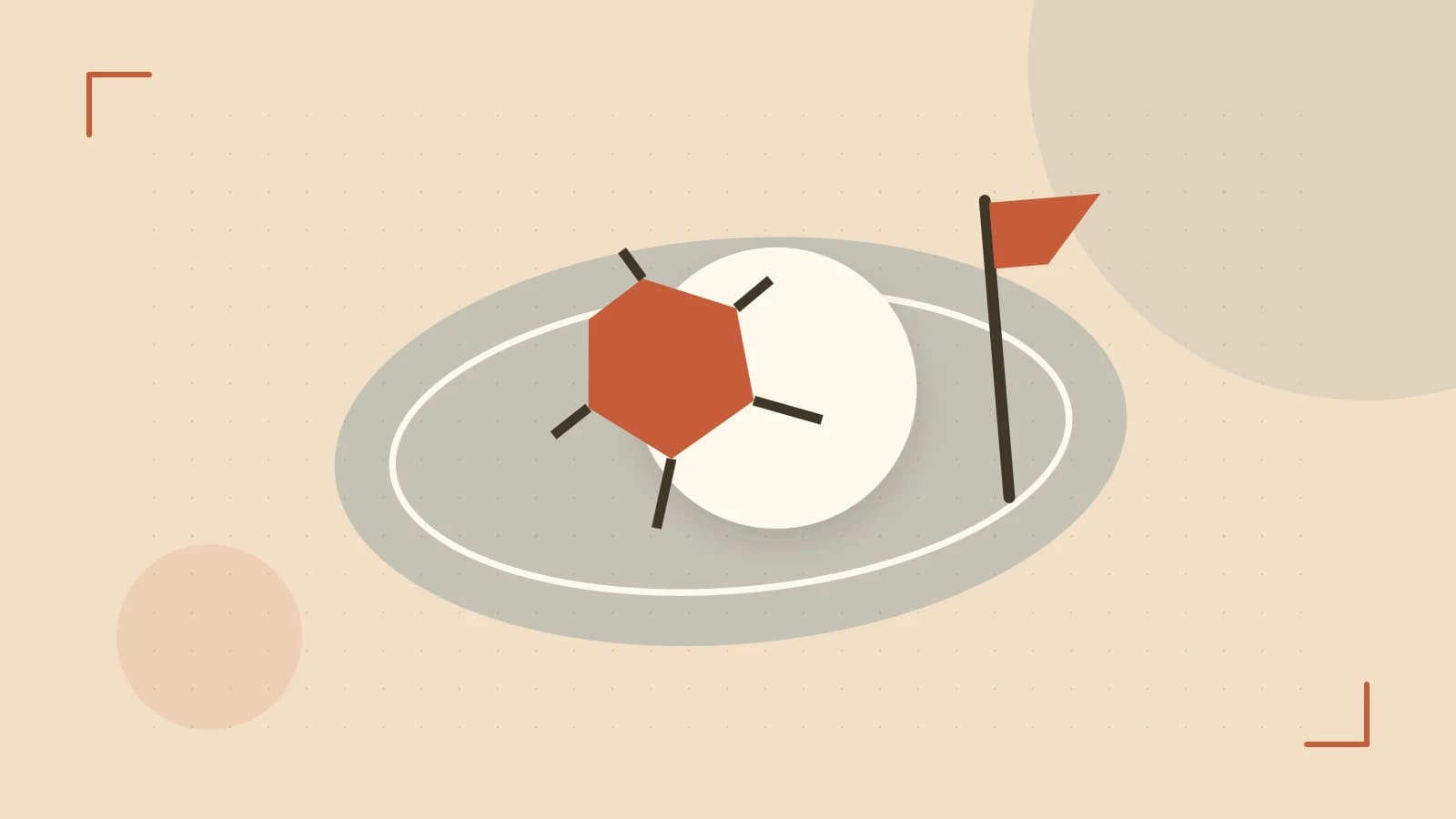 Editorial illustration of a stylized sports ball, stadium geometry and dynamic arcs