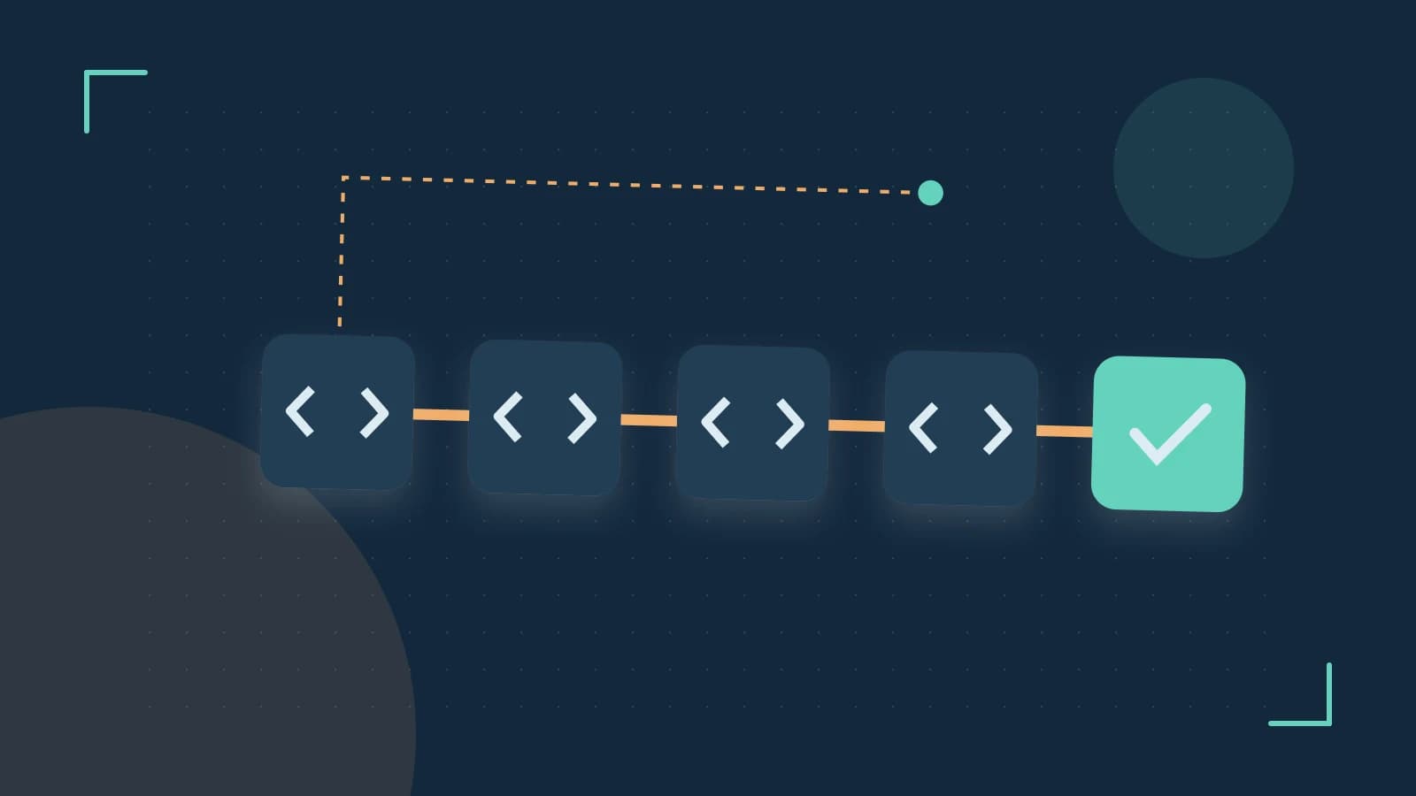 Editorial illustration of a branching build pipeline, staged transformations and a completed check