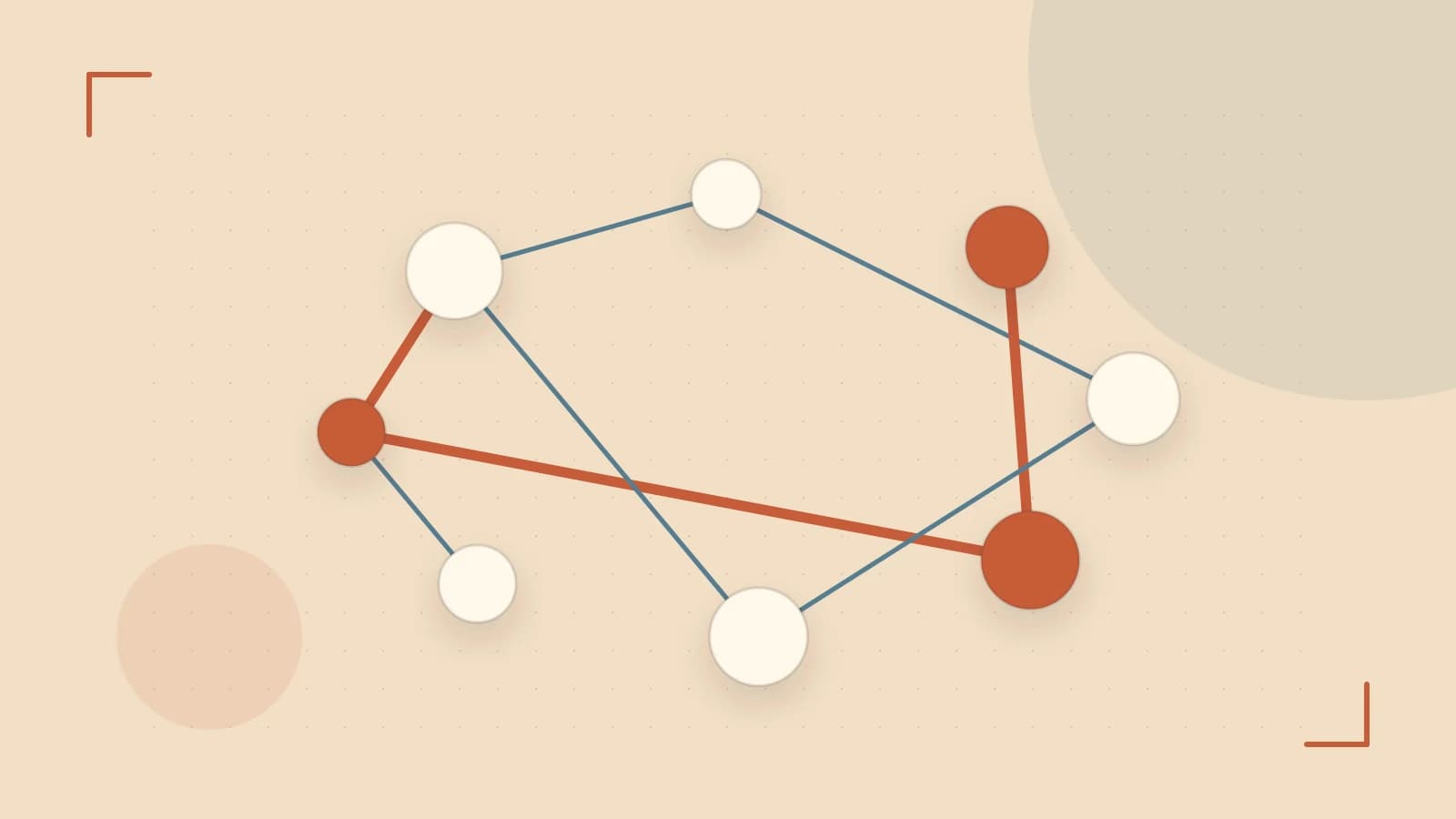 Editorial illustration of an algorithmic node graph with branching paths and a highlighted result