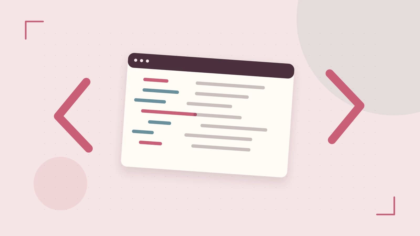 Editorial illustration of an abstract code editor, syntax blocks and oversized programming brackets