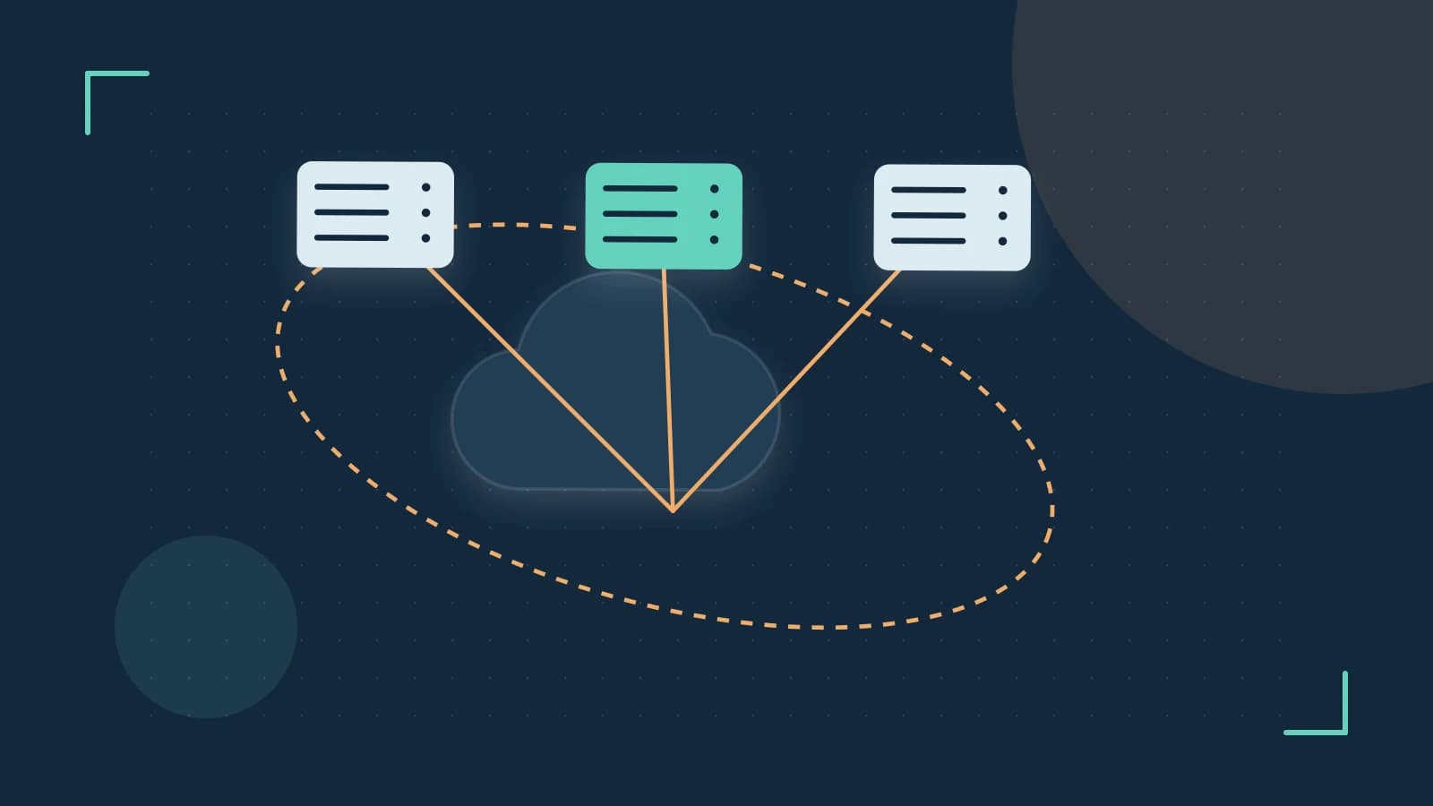 Editorial illustration of cloud infrastructure, connected server racks and an orbital service map