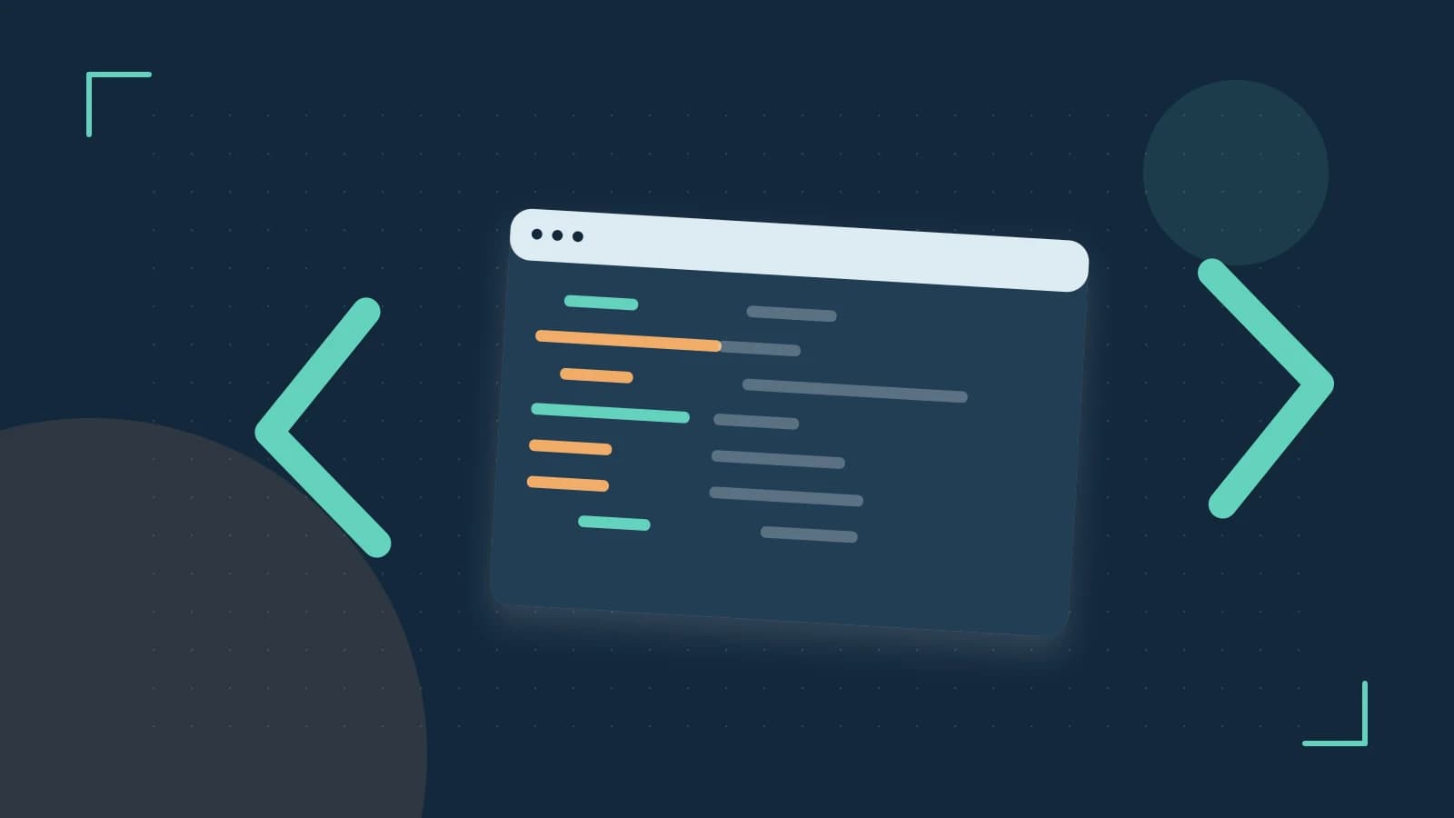 Editorial illustration of an abstract code editor, syntax blocks and oversized programming brackets