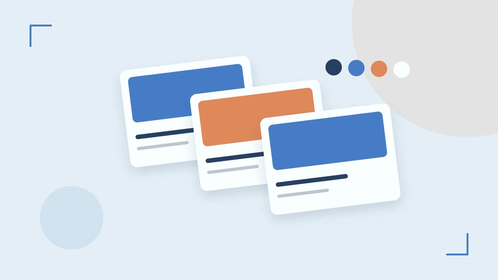 Editorial illustration of responsive browser layouts, overlapping design components and a color system
