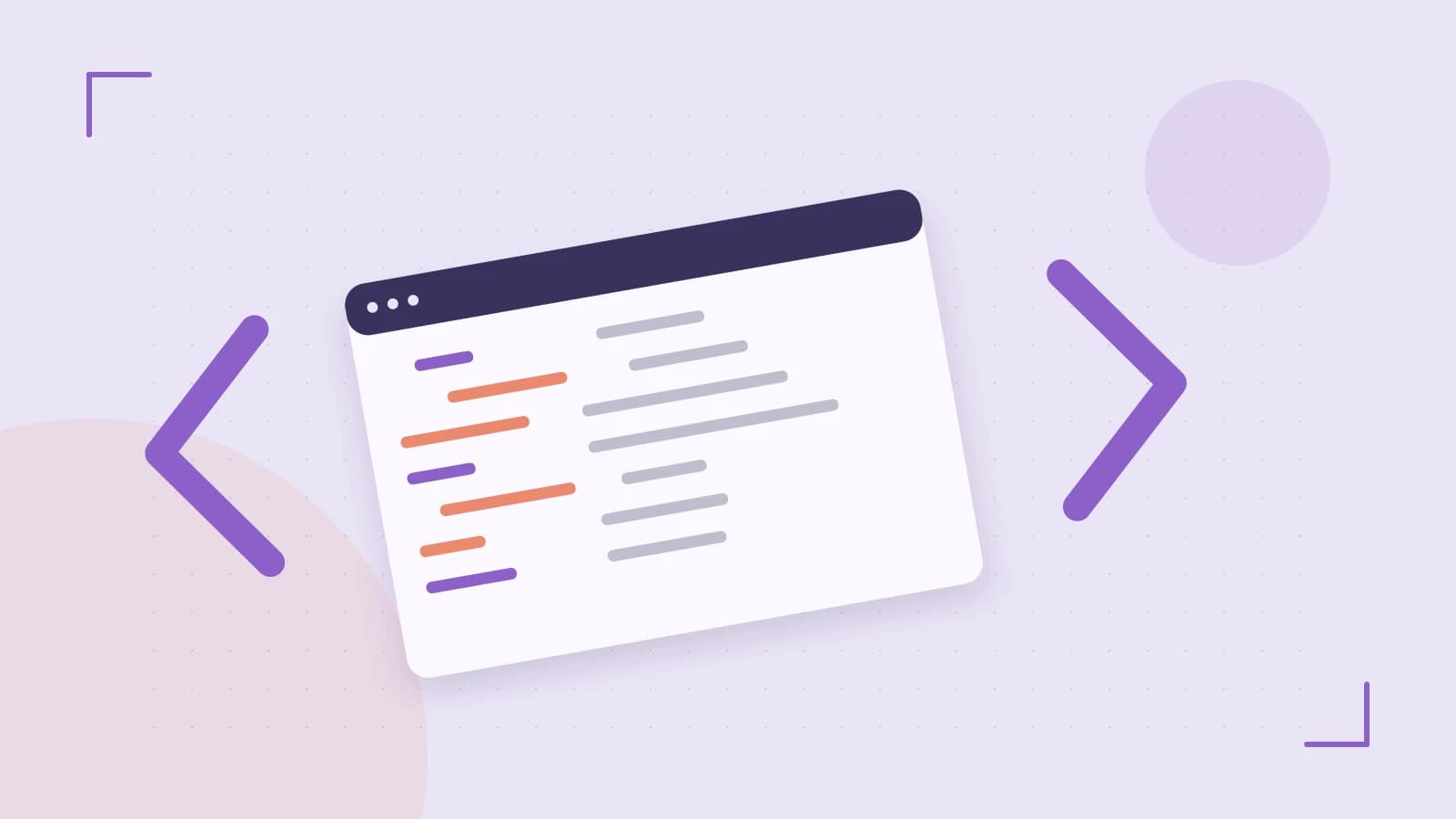 Editorial illustration of an abstract code editor, syntax blocks and oversized programming brackets
